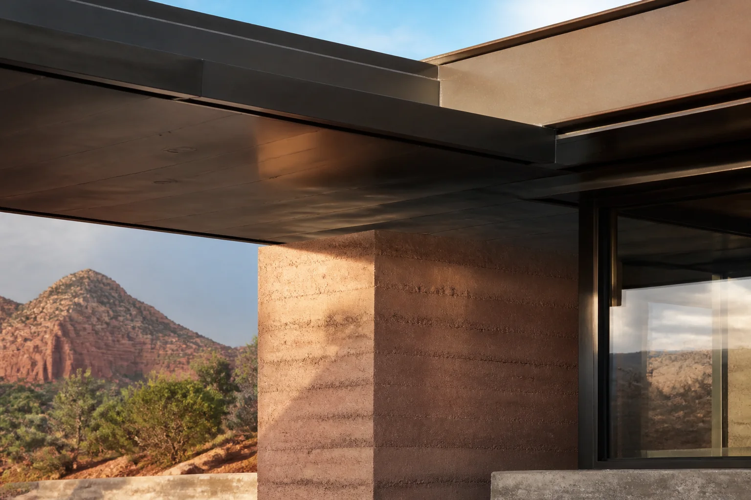 Rammed earth and blackened steel against Sedona red rock