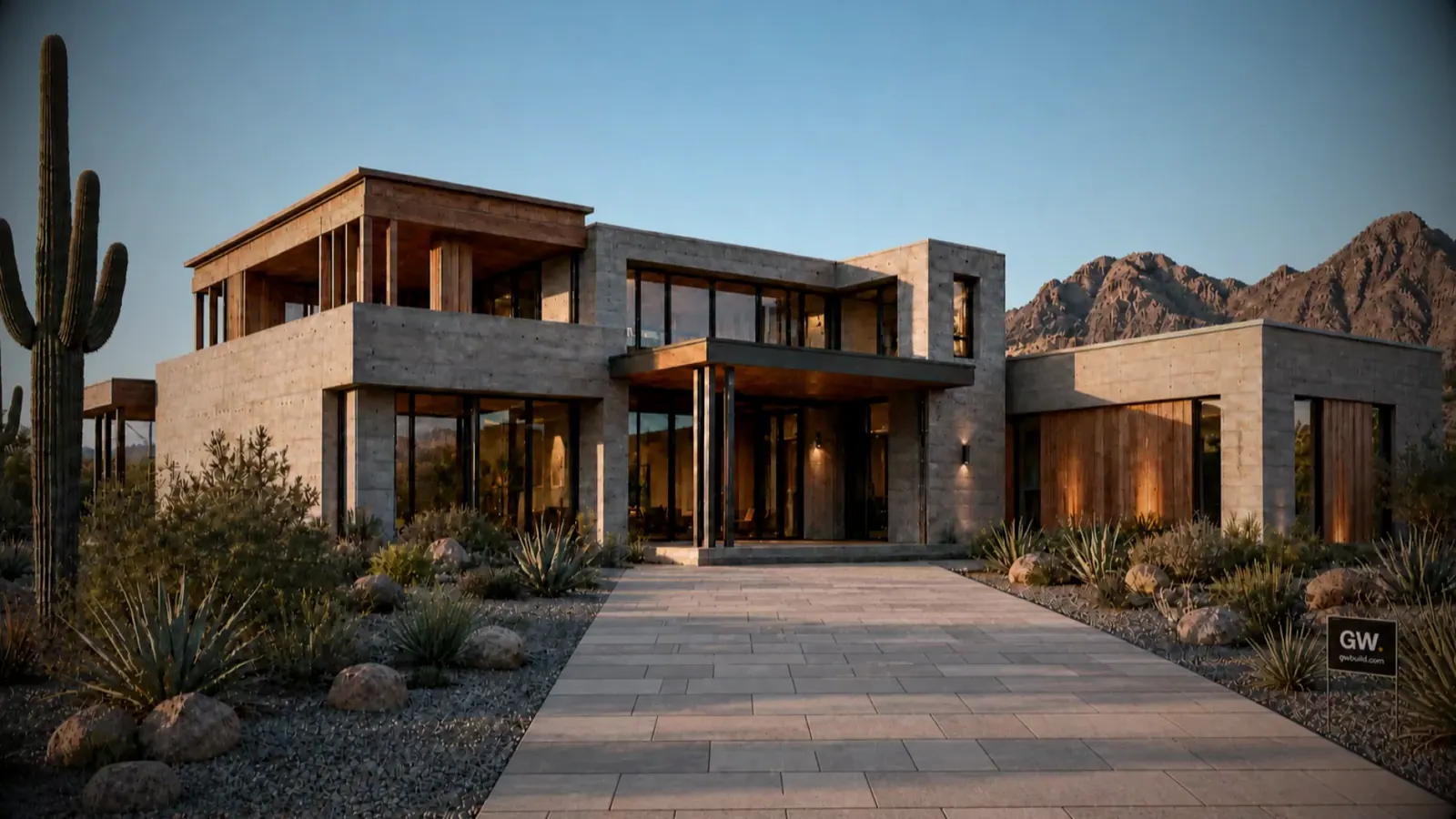 Contemporary desert residence at dusk, board-formed concrete and timber with a paver drive, Phoenix, Arizona