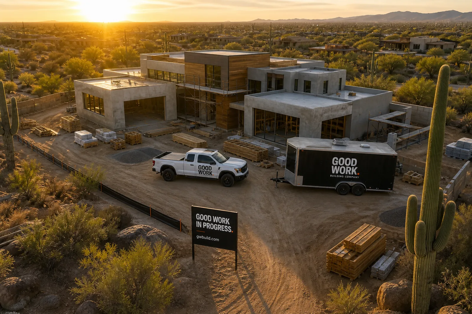 Brand visualization of a GOOD WORK. desert residence under construction at sunset, with site trailer, truck and jobsite signage