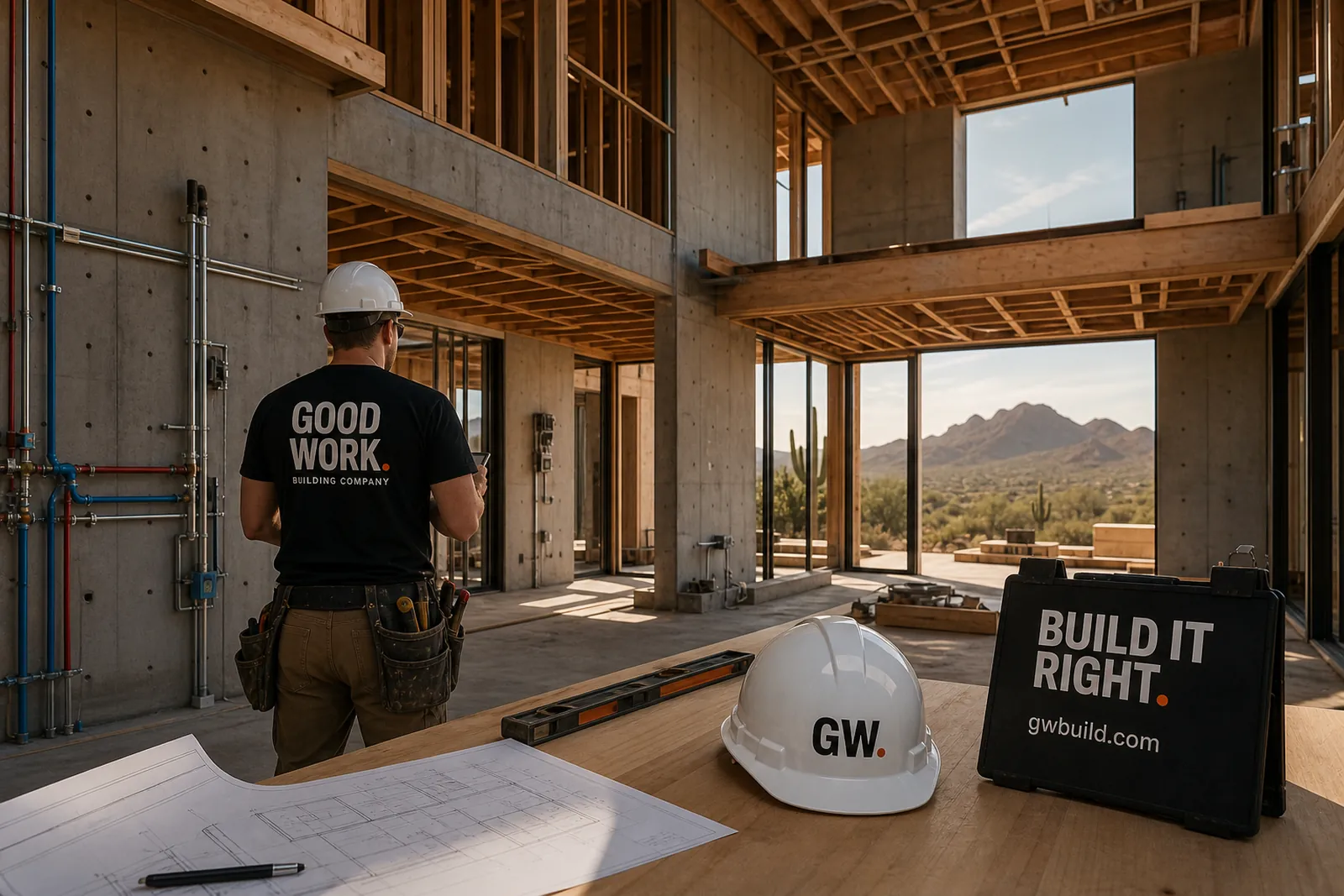 Brand visualization of an interior under construction with exposed framing, mechanical rough-in and a GOOD WORK. team member reviewing the work