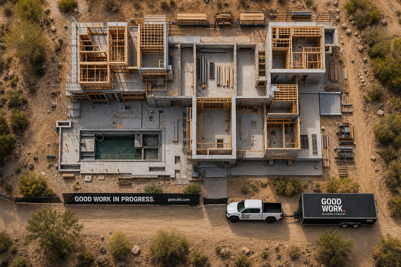 Overhead brand visualization of a residence under construction showing concrete walls, timber framing and a pool shell