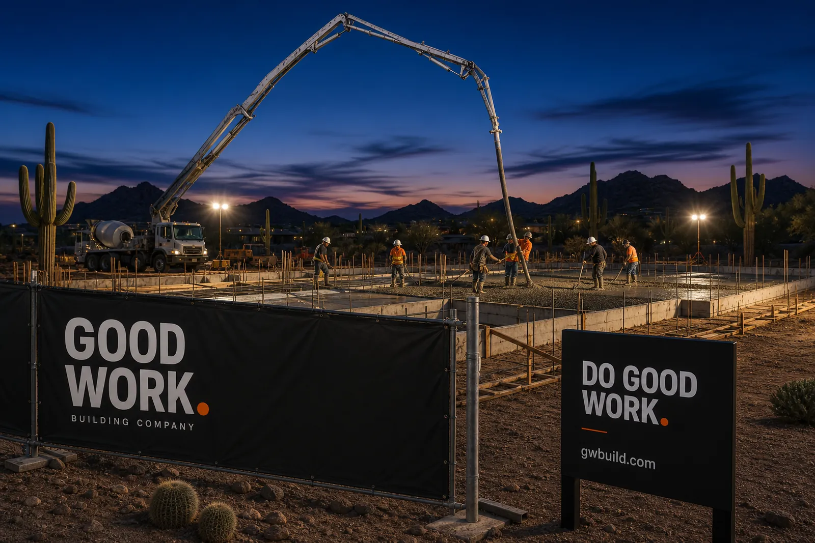 Brand visualization of a night concrete pour with crew placing and screeding a slab behind GOOD WORK. site fencing