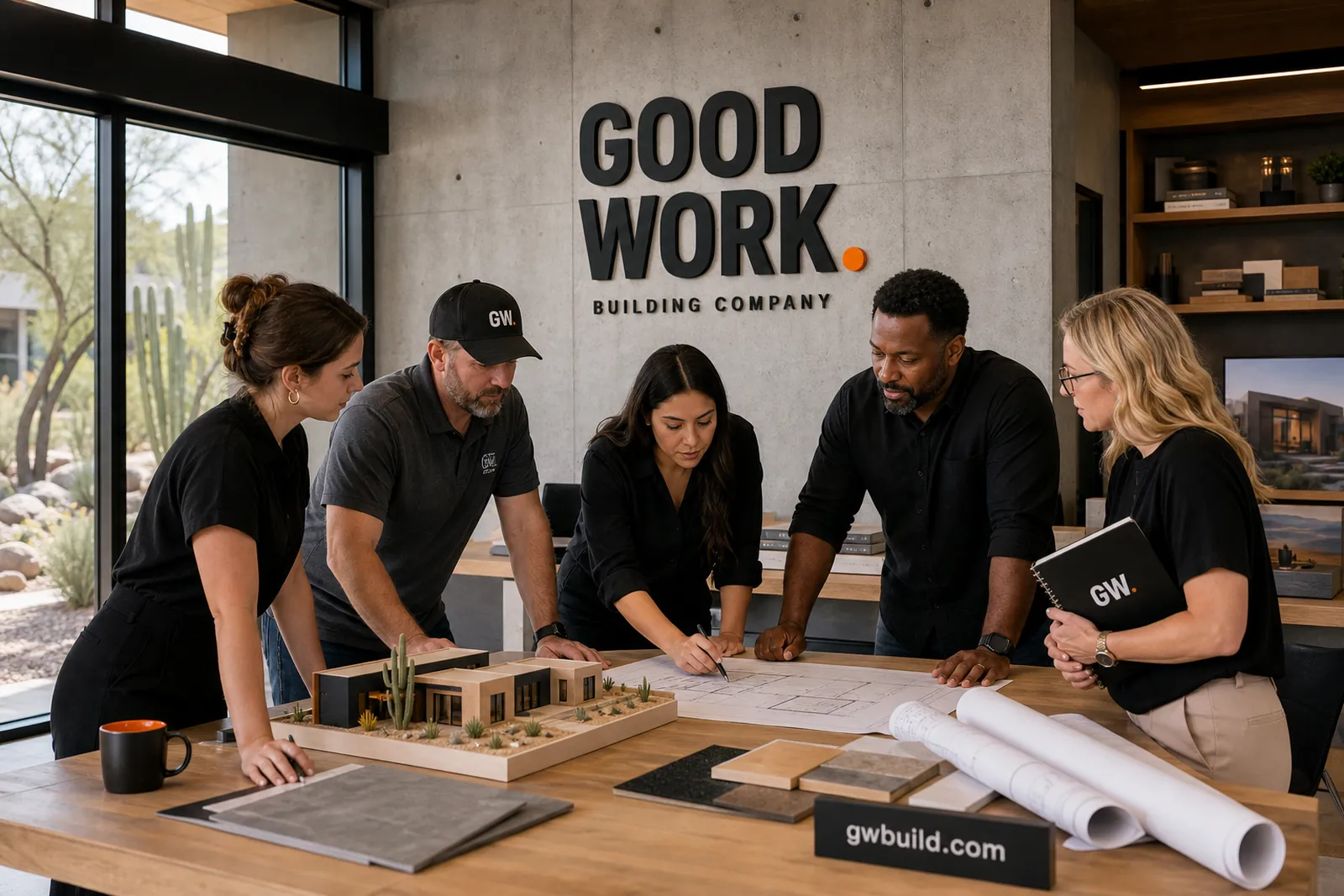 Brand visualization of the GOOD WORK. team reviewing drawings, a site model and material samples in the studio